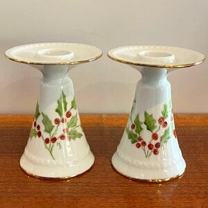 Furstenberg German 4" Hand Painted Holly & Berries Candlesticks with Gold Rim